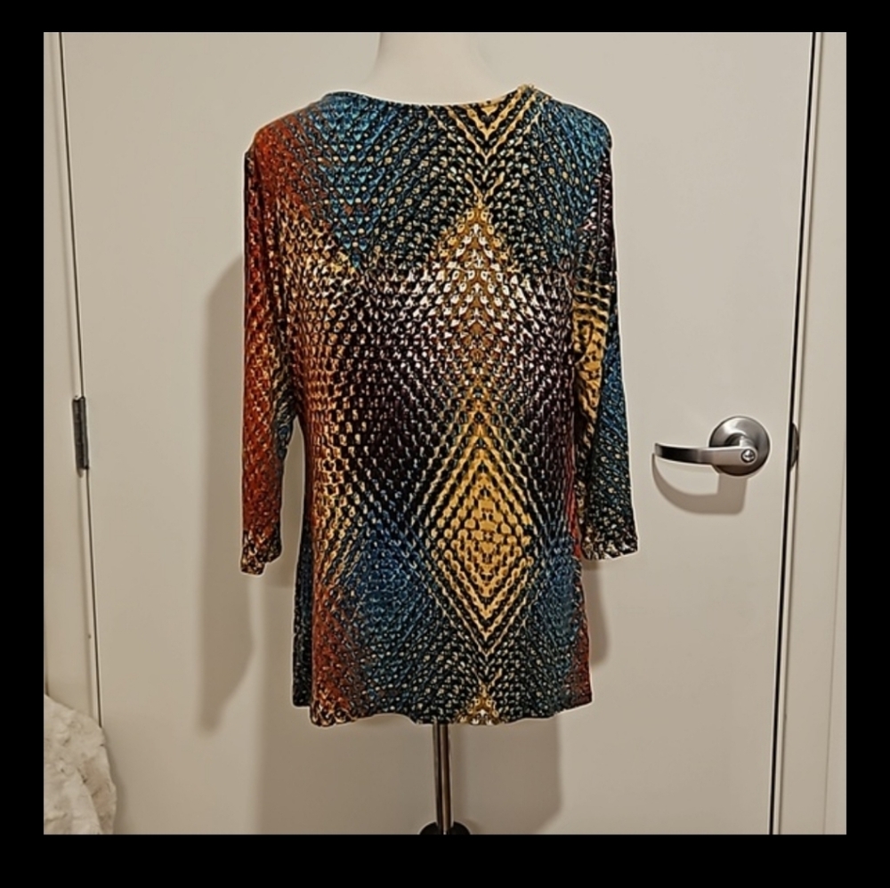 Multicolored abstract watercolor static graphic print tunic drap neckline Lg. - Picture 4 of 7
